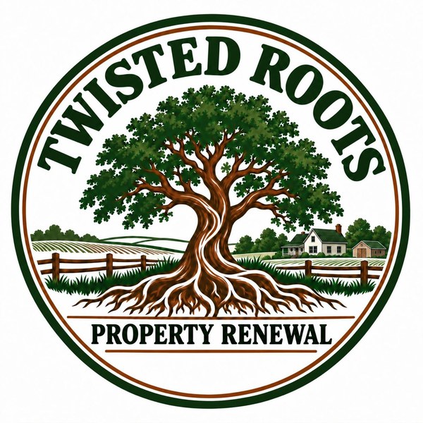 Twisted Roots Property Renewal — tree with deep roots beside a farmhouse and fence